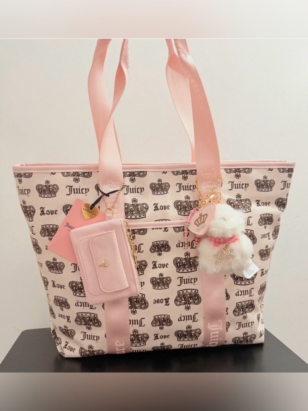 Juicy Couture Pink Logo Tote with Pom Charm and Cardholder